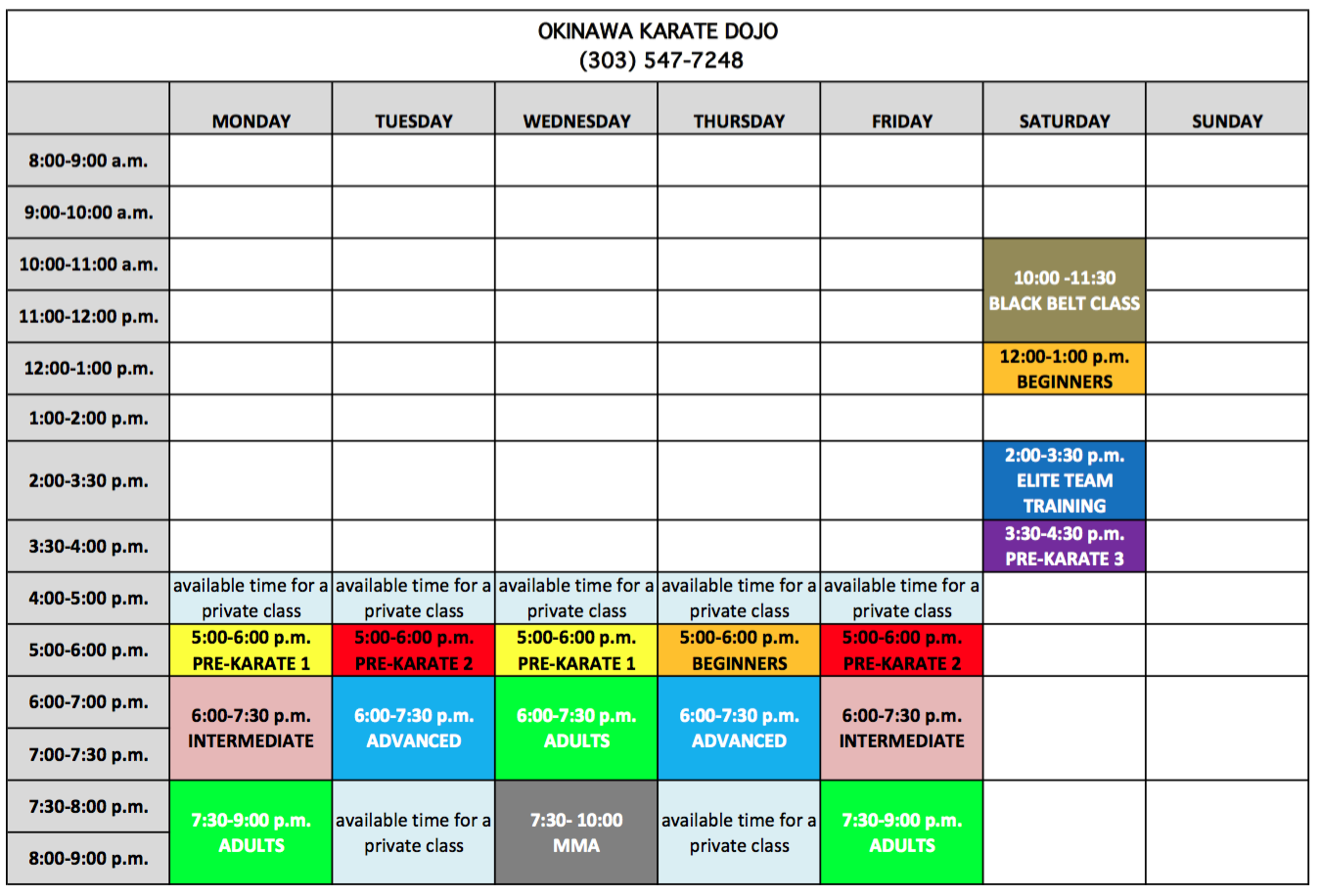 SCHEDULE « Okinawa Karate | Denver shotokan Karate | Kids Martial Arts